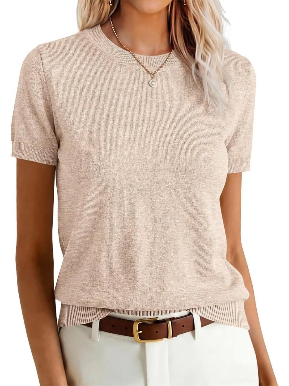 Women's Parchment Beige Wool Blend Crew Neck Short Sleeve Casual Sweater